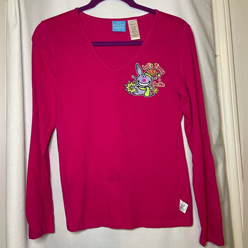 NWOT it's happy bunny Hot Pink Long Sleeve PJ Tee w Embroidered Bunny Size M